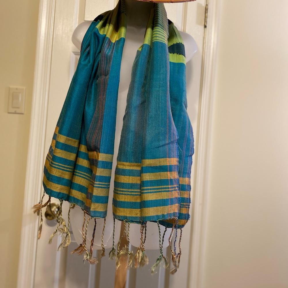 NWOT Lovely LINEN scarf (chartreuse/pink/teal/mustard) w/long fringes, 58”x24”
